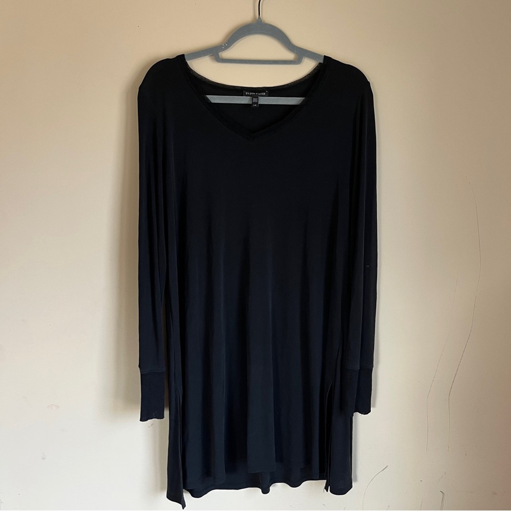 Eileen Fisher Black 100% Silk Long Sleeved Tunic size Large